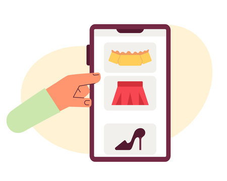 Scrolling through online clothing store feed flat concept vector spot illustration. Editable 2D cartoon first view hand on white for web UI design. Buying women clothes on phone creative hero imageのイラスト素材