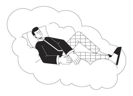 Good night sleep bw concept vector spot illustration. Man sleeping peaceful on cloud 2D cartoon flat line monochromatic character for web app UI design. Mental health editable outline hero imageのイラスト素材