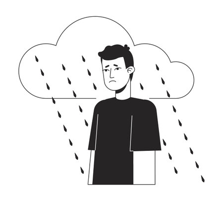 Major depressive disorder bw concept vector spot illustration. Man struggles with mental disease 2D cartoon flat line monochromatic character for web app UI design. Sorrow editable outline hero imageのイラスト素材