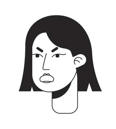 Angry short haired woman frowning eyebrows, screaming flat line monochromatic vector character head. Editable outline avatar icon. 2D cartoon line spot illustration for web graphic design, animationのイラスト素材