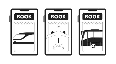 Booking bus, train, plane tickets app monochrome concept vector spot illustration set. Editable 2D flat bw cartoon objects for web UI design. Onboard linear hero image pack. Jost Extrabold font usedのイラスト素材