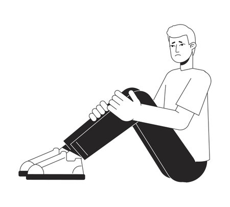 Depressed man sitting and holding legs flat line black white vector character. Editable isolated outline full body person. Simple cartoon style spot illustration for web graphic design, animationのイラスト素材