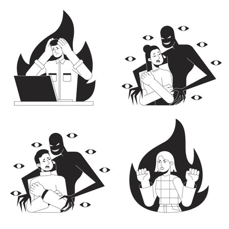 Mental illnesses bw concept vector spot illustration set. Depressed 2D cartoon flat line monochromatic characters for web app UI design. Mood disorders, schizophrenia editable outline hero image packのイラスト素材