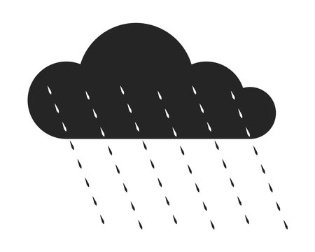 Black gloomy cloud with rain drops flat line black white vector object. heavy rain. Editable cartoon style icon. Simple isolated outline spot illustration for web graphic design and animationのイラスト素材