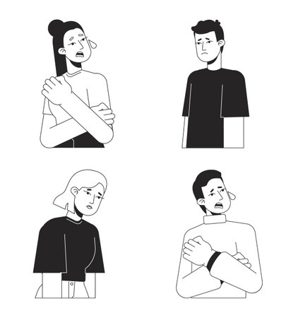Crying anxiety and depression flat line black white vector characters set. Editable isolated outline half body people. Simple cartoon style spot illustration pack for web graphic design, animationのイラスト素材
