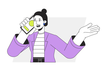 Girl sharing good news via phone call flat line vector spot illustration. Gen X woman with cellphone 2D cartoon outline character on white for web UI design. Editable isolated colorful hero imageのイラスト素材