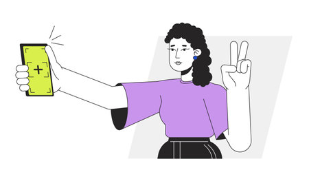 Girl posing for selfie with peace fingers flat line vector spot illustration. Gen Z woman holding...