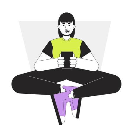 Millennial girl looking at phone with smile flat line vector spot illustration. Woman with smartphone 2D cartoon outline character on white for web UI design. Editable isolated colorful hero imageのイラスト素材