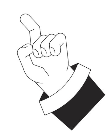 Raised up hand with index finger ready to touch bw vector spot illustration. 2D cartoon flat line monochromatic first view hand on white for web UI design. Editable isolated outline hero imageのイラスト素材