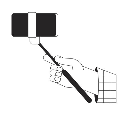Holding selfie stick with smart phone closeup bw vector spot illustration. Take pic 2D cartoon flat line monochromatic first view hand on white for web UI design. Editable isolated outline hero imageのイラスト素材