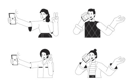 Using smart phone bw vector spot illustration set. Taking selfie photo, making call 2D cartoon flat line monochromatic characters on white for web UI design. Editable isolated outline hero image packのイラスト素材