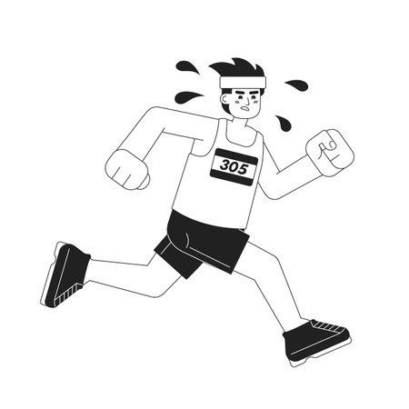 Body conscious in self improvement monochrome concept vector spot illustration. Marathon runner man 2D flat cartoon character for web UI design. Physical fitness isolated editable handdrawn hero imageのイラスト素材