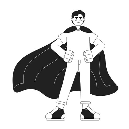 Believe in yourself monochrome concept vector spot illustration. Self motivated man wearing superhero cape 2D flat bw cartoon character for web UI design. Isolated editable hand drawn hero imageのイラスト素材