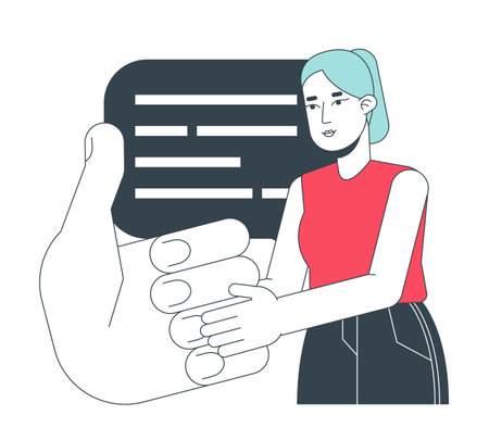 Getting feedback flat line concept vector spot illustration. Thumb up 2D cartoon outline character on white for web UI design. Customer satisfaction guaranteed editable isolated colorful hero imageのイラスト素材