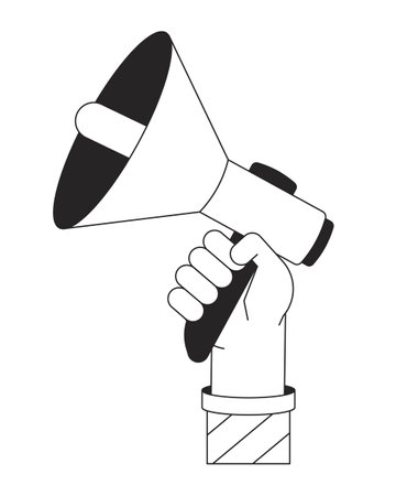 Holding megaphone bw concept vector spot illustration. Loudspeaker 2D cartoon flat line monochromatic first view hand for web UI design. Advertising marketing editable isolated outline hero imageのイラスト素材