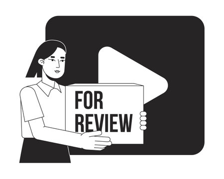 Product video review bw concept vector spot illustration. 2D cartoon flat line monochromatic character for web UI design. Video marketing editable isolated outline hero image. Bebas Neue font usedのイラスト素材