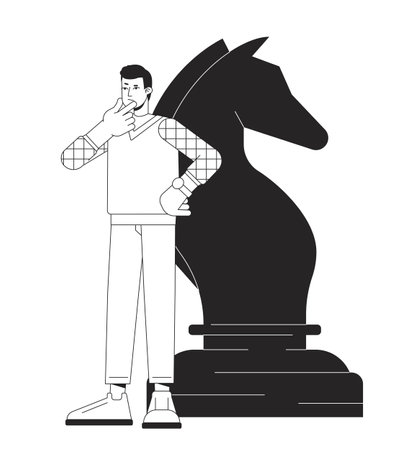 Strategic management bw concept vector spot illustration. Chess move 2D cartoon flat line monochromatic character for web UI design. Content marketing strategy editable isolated outline hero imageのイラスト素材