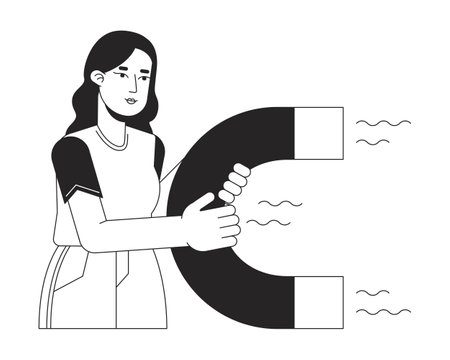 Young caucasian woman holding magnet flat line black white vector character. Editable outline half body person. Attraction marketing simple cartoon isolated spot illustration for web graphic designのイラスト素材