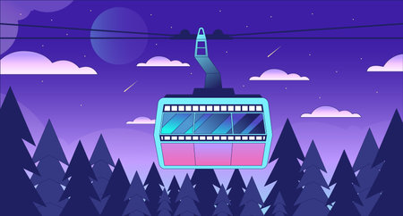 Gondola lift in summer forest night lo fi chill wallpaper. Aerial cableway with shooting stars 2D vector cartoon landscape illustration, vaporwave background. 80s retro album art, synthwave aestheticsのイラスト素材