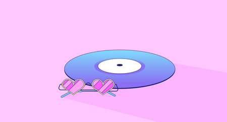 Compact disc with heart shaped glasses lo fi chill wallpaper. Cd, vinyl music with sunglasses 2D vector cartoon object illustration, vaporwave background. 80s retro album art, synthwave aestheticsのイラスト素材