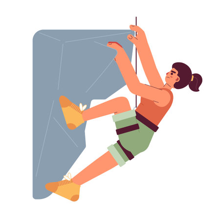 Rock climbing conceptual hero image. Climber woman hanging on cliff 2D cartoon character on white background. mountaineering. Extreme sport isolated concept illustration. vector art for web design uiのイラスト素材