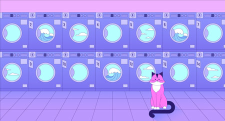 Commercial washer with cat lo fi chill wallpaper. Laundromat. Cute animal at laundry room 2D vector cartoon interior illustration, vaporwave background. 80s retro album art, synthwave aestheticsのイラスト素材