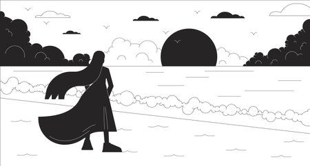 Sad woman on beach enjoying sunset black and white lo fi chill wallpaper. Lonely girl watching sea waves 2D vector cartoon character illustration, minimalism background. 80s retro album art, line artのイラスト素材