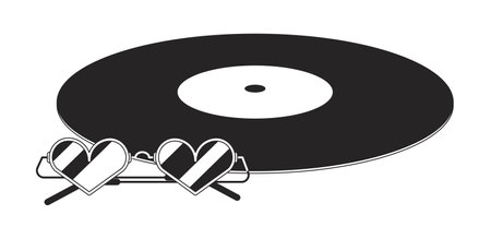 Compact disc with heart shaped glasses line art vector cartoon icon. vinyl music. Editorial, magazine spot illustration black and white. Outline object isolated on white. Editable 2D simple drawingのイラスト素材