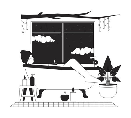 Taking bath with candle lights isolated chill lo fi image. Closed eyes woman relaxing in bathtub 2D vector cartoon character illustration, minimalism background. 80s retro album art, line artのイラスト素材