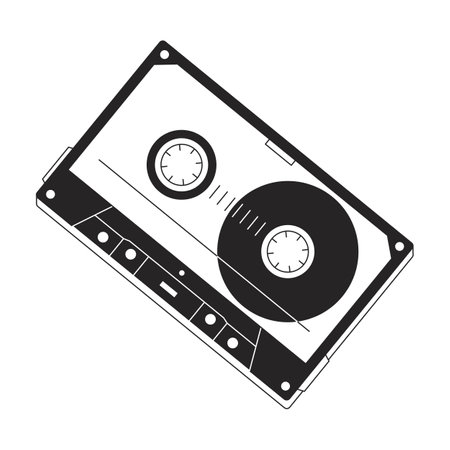 Audio cassette line art vector cartoon icon. oldschool equipment. Editorial, magazine spot illustration black and white. Outline object isolated on white. Editable 2D simple drawing, graphic designのイラスト素材