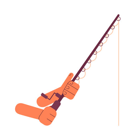 Fishing rod holding semi flat colorful vector hands. Catching fish equipment. Angling hobby. vacation activity. Editable closeup pov on white. Simple cartoon spot illustration for web graphic designのイラスト素材