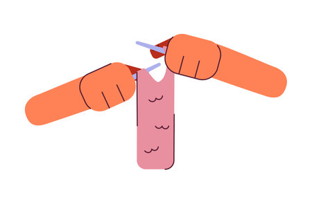 Knitting hands semi flat colorful vector hands. Knitting yarn, needles. Crochet class. Yarn needlework. Editable closeup pov on white. Simple cartoon spot illustration for web graphic designのイラスト素材