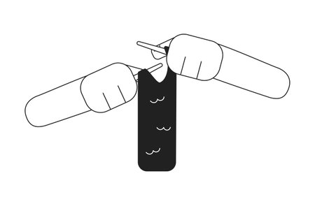 Knitting hands monochromatic flat vector hands. Knitting yarn, needles. Crochet class. Yarn needlework. Editable thin line close up pov on white. Simple bw cartoon spot image for web graphic designのイラスト素材