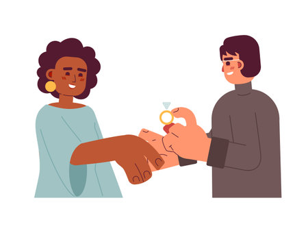 Engagement proposal flat concept vector spot illustration. Asian man proposing to black woman 2D cartoon characters on white for web UI design. Will you marry me isolated editable creative hero imageのイラスト素材