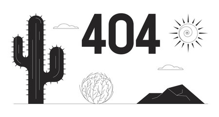 Desert wasteland with cactus black white error 404 flash message. Tumbleweed on road. Monochrome empty state ui design. Page not found popup cartoon image. Vector flat outline illustration conceptのイラスト素材