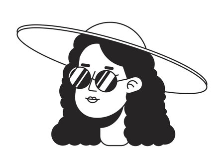 Sunglasses woman in summer hat monochrome flat linear character head. Caucasian curly hair lady. Editable outline hand drawn human face icon. 2D cartoon spot vector avatar illustration for animationのイラスト素材