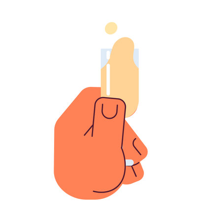 Sparkling wine glass tasting semi flat colorful vector hand. Hand holding champagne flute. Editable pov closeup clip art on white. Simple cartoon spot illustration for web graphic designのイラスト素材