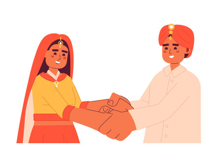 Hindu wedding couple holding hands semi flat colorful vector characters. happy indian groom and bride. Editable half body people on white. Simple cartoon spot illustration for web graphic designのイラスト素材