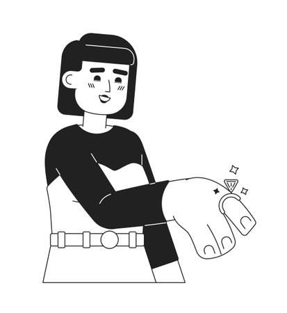 Young asian woman with diamond ring on finger monochromatic flat vector character. Millennial engagement. Editable line full body person on white. Simple bw cartoon spot image for web graphic designのイラスト素材