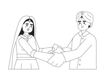 Hindu wedding couple holding hands monochromatic flat vector characters. happy indian groom and bride. Editable thin line half body people on white. Simple bw cartoon spot image for web graphic designのイラスト素材