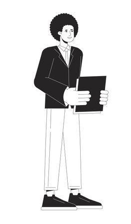 African american employee holding paperwork bw vector spot illustration. Businessperson standing 2D cartoon flat line monochromatic character for web UI design. Editable isolated outline hero imageのイラスト素材
