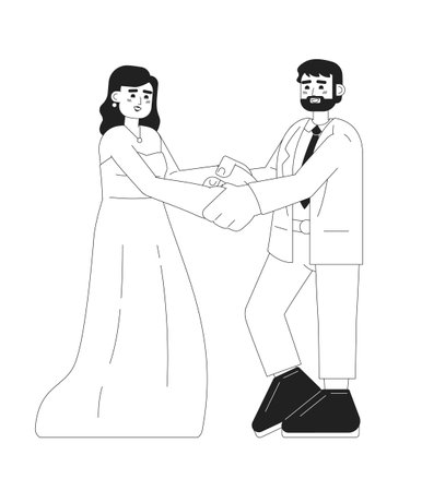 American wedding bride and groom monochromatic flat vector characters. Couple wearing traditional attire. Editable line full body people on white. Simple bw cartoon spot image for web graphic designのイラスト素材