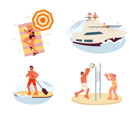Enjoy summer break flat vector spot illustration set. 2D cartoon characters on white for web UI design. Volleyball sand. Reading book beach. Yacht party isolated editable creative hero image packのイラスト素材
