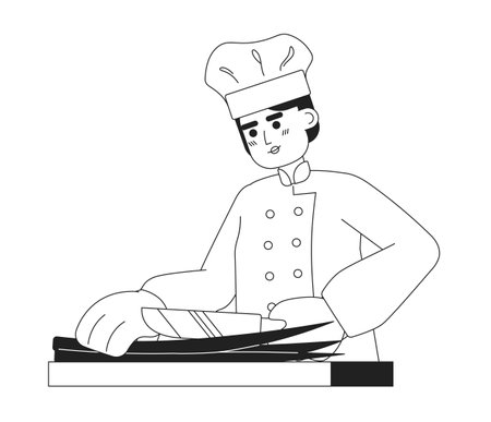 Male chef prepare food monochromatic flat vector character. Editable thin line half body caucasian female cooking character on white. Man cut onion. Simple bw cartoon spot image for web graphic designのイラスト素材