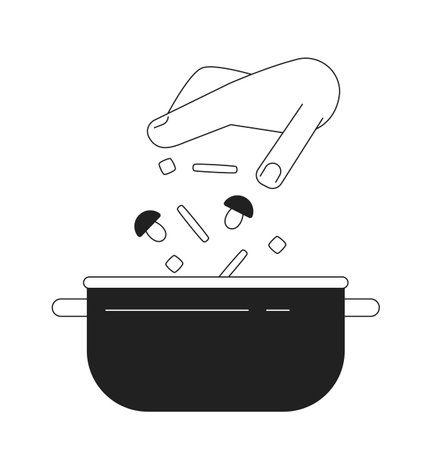 Add vegetables in pan flat monochrome flat vector object. Food preparation in steel pot.Editable black and white thin line icon. Simple cartoon clip art spot illustration for web graphic designのイラスト素材