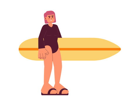 Surfer girl holding surfboard semi flat colorful vector character. Surfer wetsuit woman standing. Editable full body person on white. Simple cartoon spot illustration for web graphic designのイラスト素材