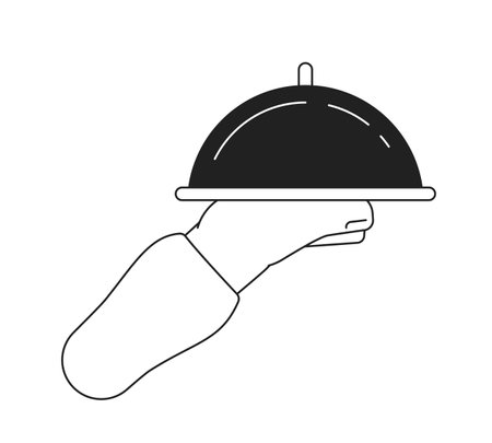 Hand hold silver cloche flat monochrome flat vector object. Waiter hand and tray on it. Editable black and white thin line icon. Simple cartoon clip art spot illustration for web graphic designのイラスト素材