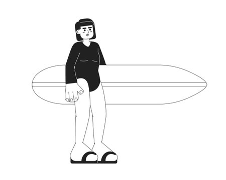 Surfer girl holding surfboard monochromatic flat vector character. Surfer wetsuit woman standing. Editable thin line full body person on white. Simple bw cartoon spot image for web graphic designのイラスト素材