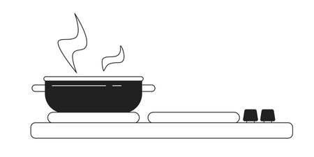 Steel stainless pot on kitchen stove monochrome flat vector object. kitchen appliance. Editable black and white thin line icon. Simple cartoon clip art spot illustration for web graphic designのイラスト素材