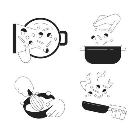 Cooking process monochrome flat vector objects set. Food preparation editable cartoon clip art icons on white background. Simple spot illustration pack for web graphic designのイラスト素材